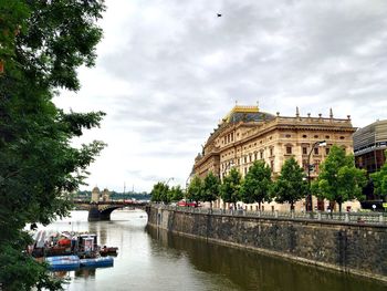 View of buildings at waterfront against cloudy sky