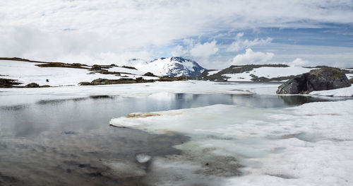 Scenic view of snowcapped mountains against cloudy sky