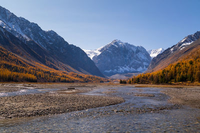 Scenic view of snowcapped mountains against sky during winter