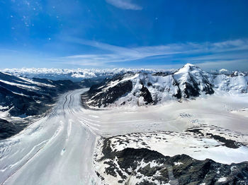 Aerial view of snowcapped mountains against sky