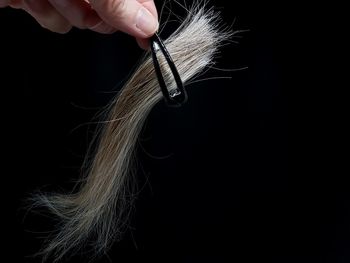 Cropped hand holding clip with hair against black background