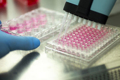 Cropped hand of scientist examining chemical in laboratory