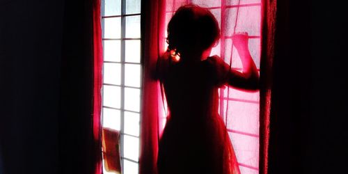 Rear view of woman standing by window at home