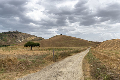 Dirt road amidst field against sky