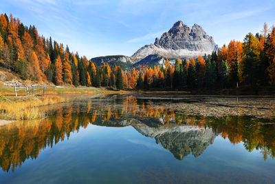 Scenic view of lake by trees against sky during autumn