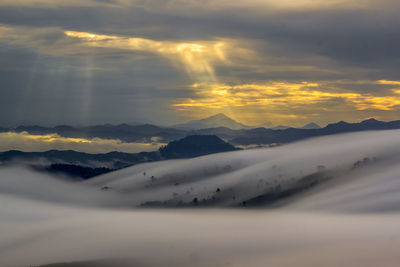 Scenic view of snow covered mountains against sky during sunset