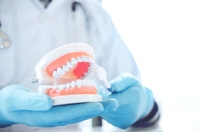 Midsection of dentist cleaning dentures in hospital