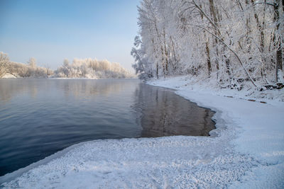 Frozen lake by trees against sky during winter