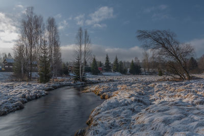 Bare trees by river against sky during winter