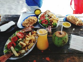 High angle view of breakfast on table