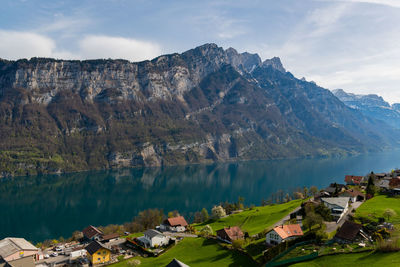 Switzerland, april 13, 2022 majestic view over the lake walensee and an incredible mountain panorama 