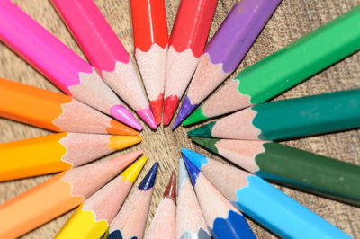 High angle view of multi colored pencils on table