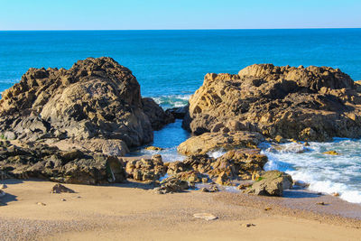 Scenic view of sea against clear blue sky