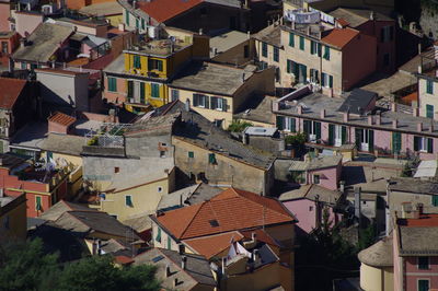 High angle view of houses in town against sky