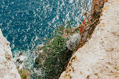 High angle view of sea waves splashing on rocks