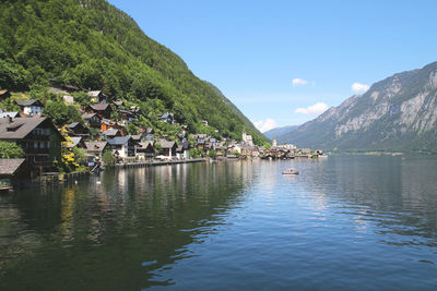 Scenic view of lake by mountain against sky