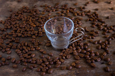 High angle view of coffee cup on table