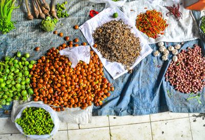 Multi colored vegetables in market stall