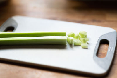 High angle view of chopped vegetables on cutting board