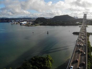 High angle view of bay against sky