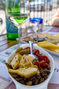 Close-up of food served on table