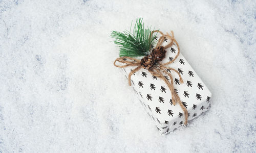 Close-up of christmas decorations on snow