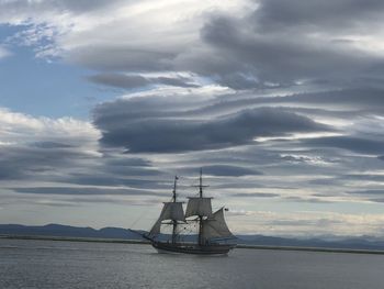 Sailboat sailing on sea against sky