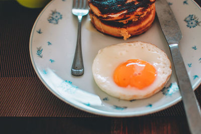 High angle view of breakfast served on table