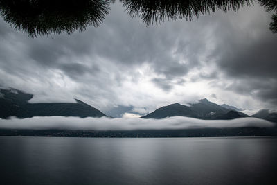 Scenic view of lake and snowcapped mountains against sky