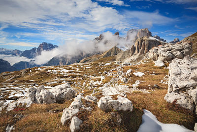 Scenic view of snowcapped mountains against sky