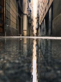 Reflection of buildings in puddle on street