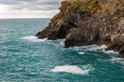 Scenic view of rocks in sea against sky