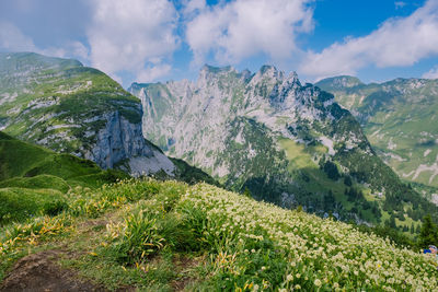 Panoramic view of landscape and mountains against sky