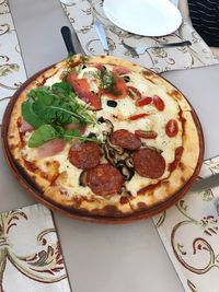 High angle view of pizza on table