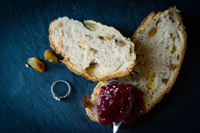 High angle view of bread with marmalade on table