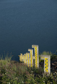 High angle view of cemetery by sea