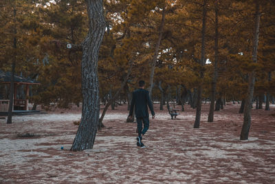 Rear view of man walking at park during autumn