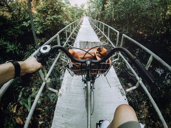 Low section of person holding smart phone by footbridge