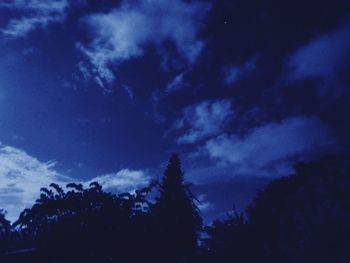 Low angle view of trees against cloudy sky