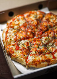 High angle view of pizza on table