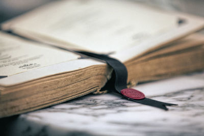 Close-up of book on table