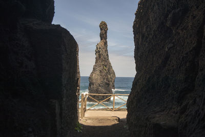 Panoramic shot of rocks on beach against sky