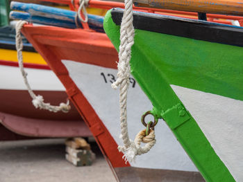 Close-up of rope tied on boat