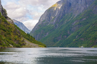 Panoramic view of geiranger fjord near geiranger seaport, norway. norway nature, travel background