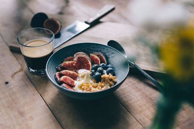 Close-up of breakfast served in bowl on table