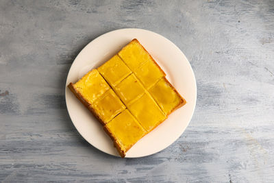 High angle view of dessert in plate on table