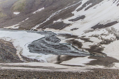 High angle view of snow covered land