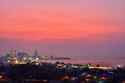 Illuminated city at sunset