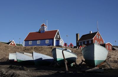 Buildings on field against clear blue sky