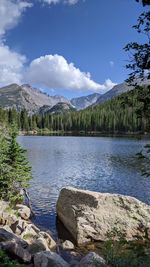 Scenic view of lake and mountains against sky